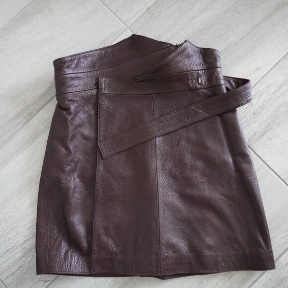 & Other Stories Brown Nappa Leather Wrap Mini Skirt with Belt - Picture 6 of 9